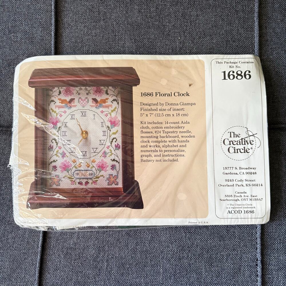 Floral Clock 1686 Vintage Counted Cross Stitch Kit by The Creative Circle - 1986